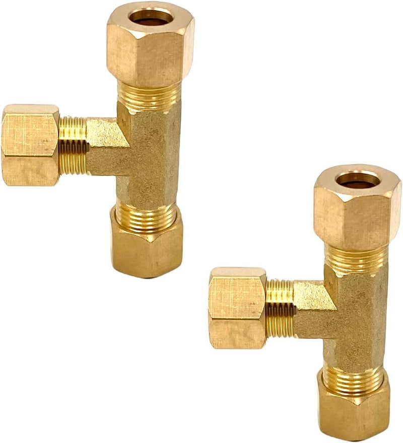 Bumugufu 2 Pcs Brass Compression Union Tee Tube Fittings, 5/16" x 5/16" x 5/16" Compression Tee for Gas Line, Oil Pressure Gauges and Air Compressor - Image 1